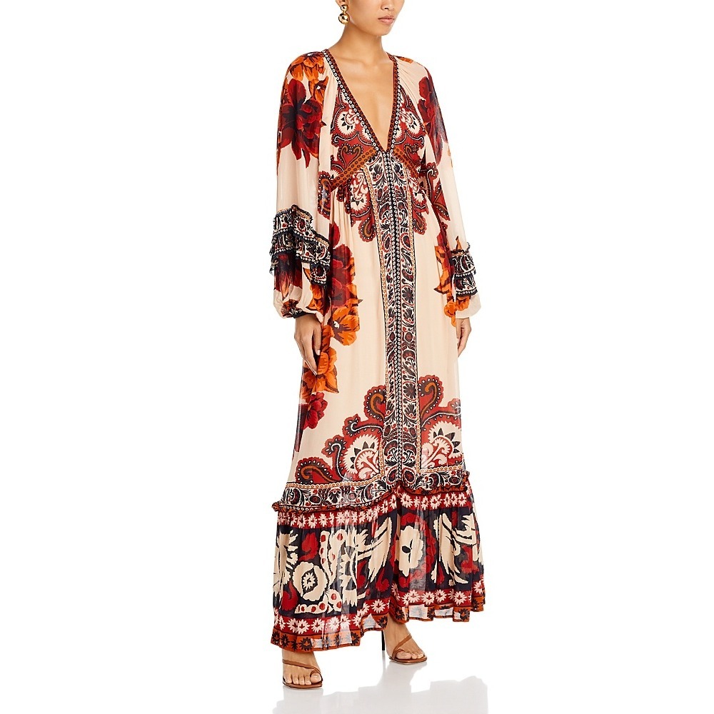Farm Rio Womens Winter Tapestry Sand V Neckline Long Sleeve Maxi Dress Size S